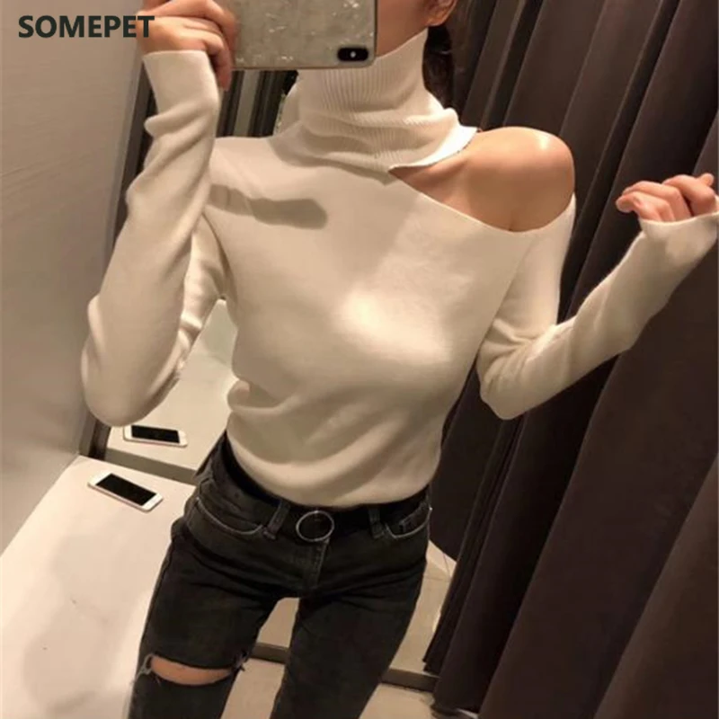 

Knitted Sweater Off Shoulder Pullovers Sweater for Women Long Sleeve Turtleneck Female Jumper Black White Sexy Clothing New
