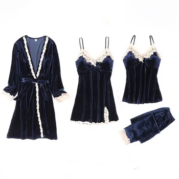 

SIMISI 4-piece Women's Nightgown Suit Gold Velvet Solid Color Lace Sexy Robe Sets Full Bathrobe Winter Home Clothes Sleep Wear