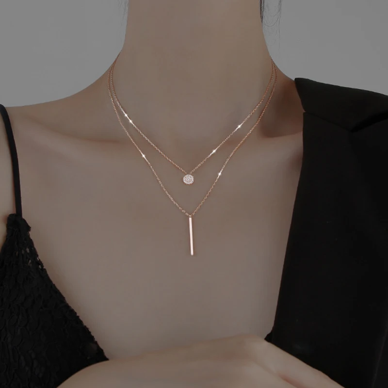 925 Sterling Silver Long Strip Flashing Diamond Round Double Necklace Ladies Clavicle Chain Exquisite Jewelry Party Wedding Acce - Image 2