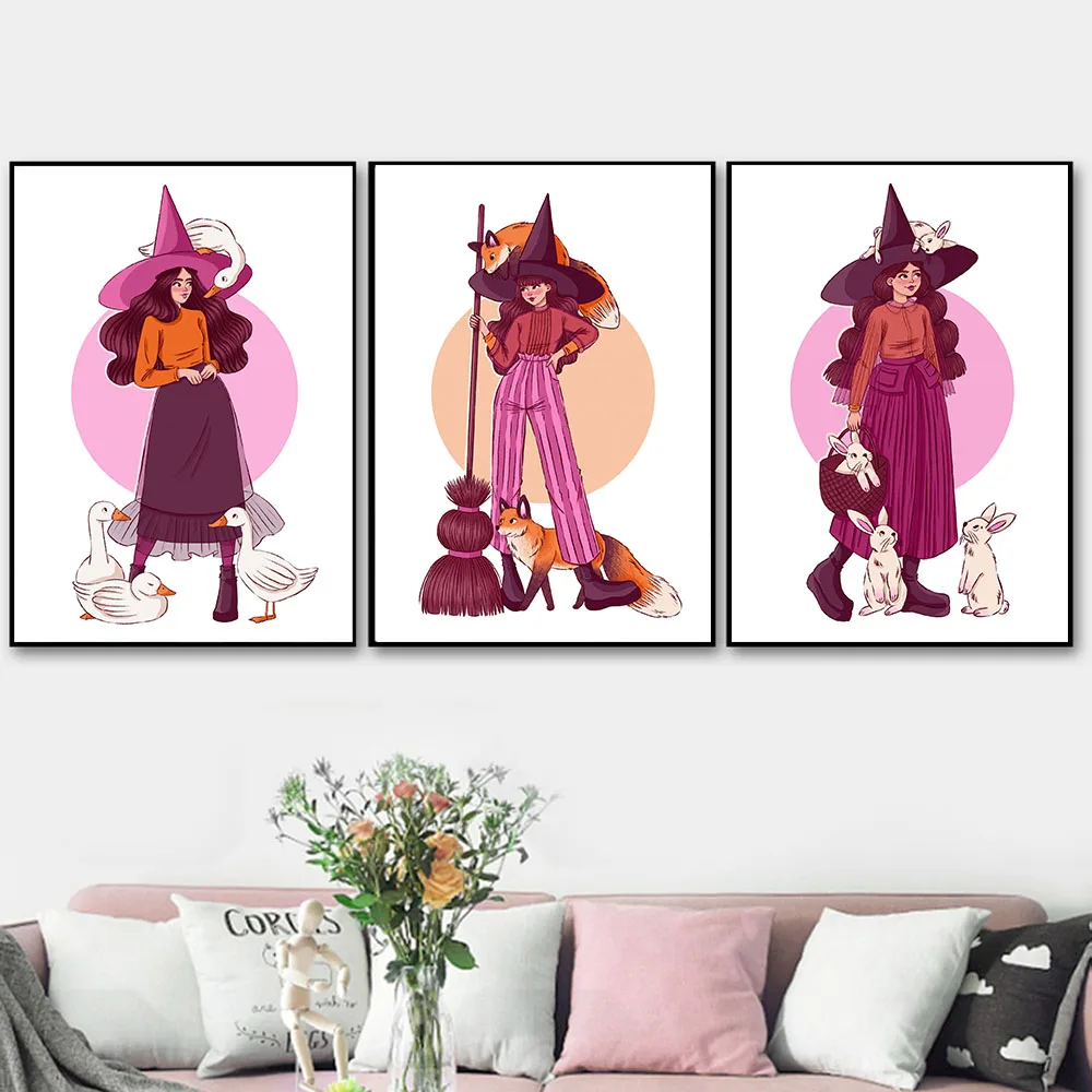 

Geese Fox Bunny Witch Witchery Funny Posters Decoration Wall Pictures Witches Magic Knowledge Art Painting Gifts Home Decor