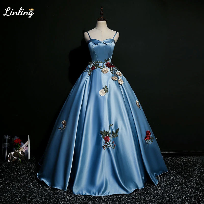 

LINLING 2020 New Arrival Spaghetti Straps Sleeveless Satin vestidos Zipper Back Appliqued Ball Gown Evening Dresses Long