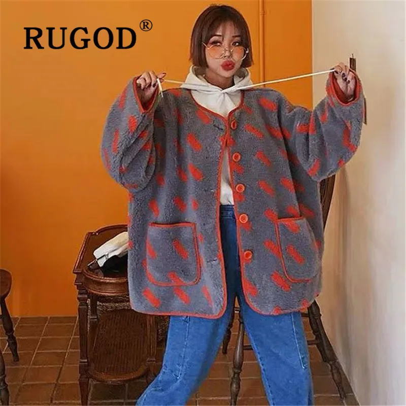 RUGOD Женское зимнее флисовое пальто с модным принтом, толстое пушистое пальто из овечьей шерсти, женское повседневное однобортное пальто с длинным рукавом abrigo