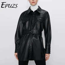 black Faux leather jacket Women Slim PU Jackets Women Elegant Tie Belt Waist biker jacket Female leather coat full winter