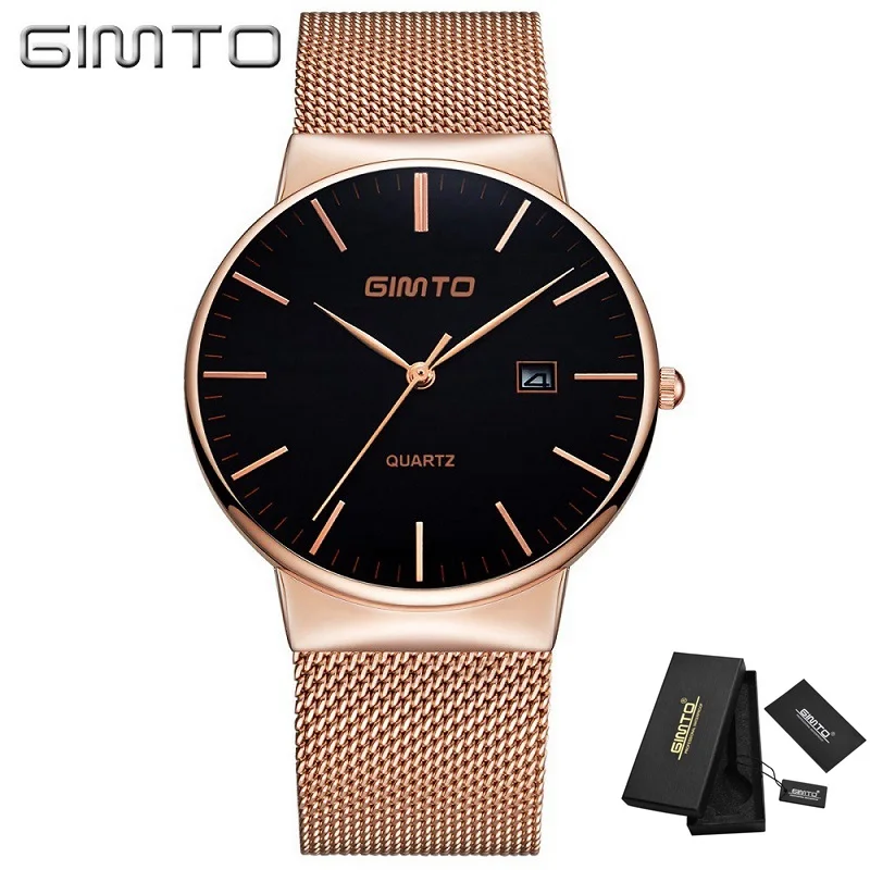 Black Gold Box GIMTO модные женские часы из розового золота минимализм простые Стильные Роскошные повседневные женские часы водонепроницаемые наручные часы для женщин - Цвет: Black Gold Box