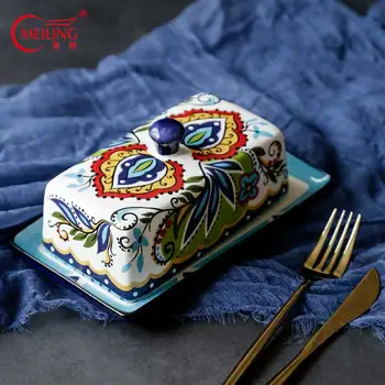 

Vintage Ceramic Butter Dish Rectangular Hand Painted Butter Plate With Cover Decorative Serving Butter Dish Holder Home Decor