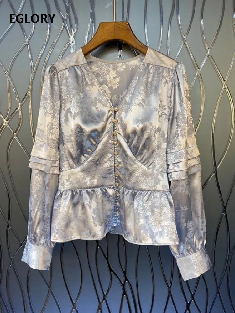 

2020 Autumn Winter Fashion Silk Blouses Women V-Neck Vintage Jacquard Floral Print Beading Buttons Long Sleeve White Yellow Top