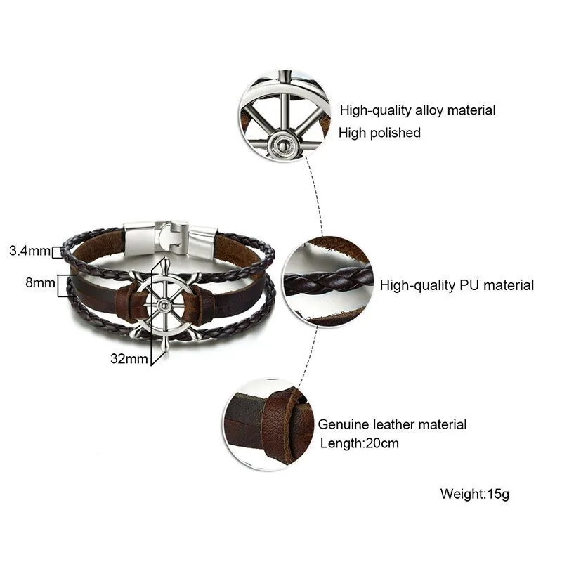 Vnox Vintage Rudder Charm Bracelet for Men Multi-layer Leather Rope Bracelets Bangles 7.87