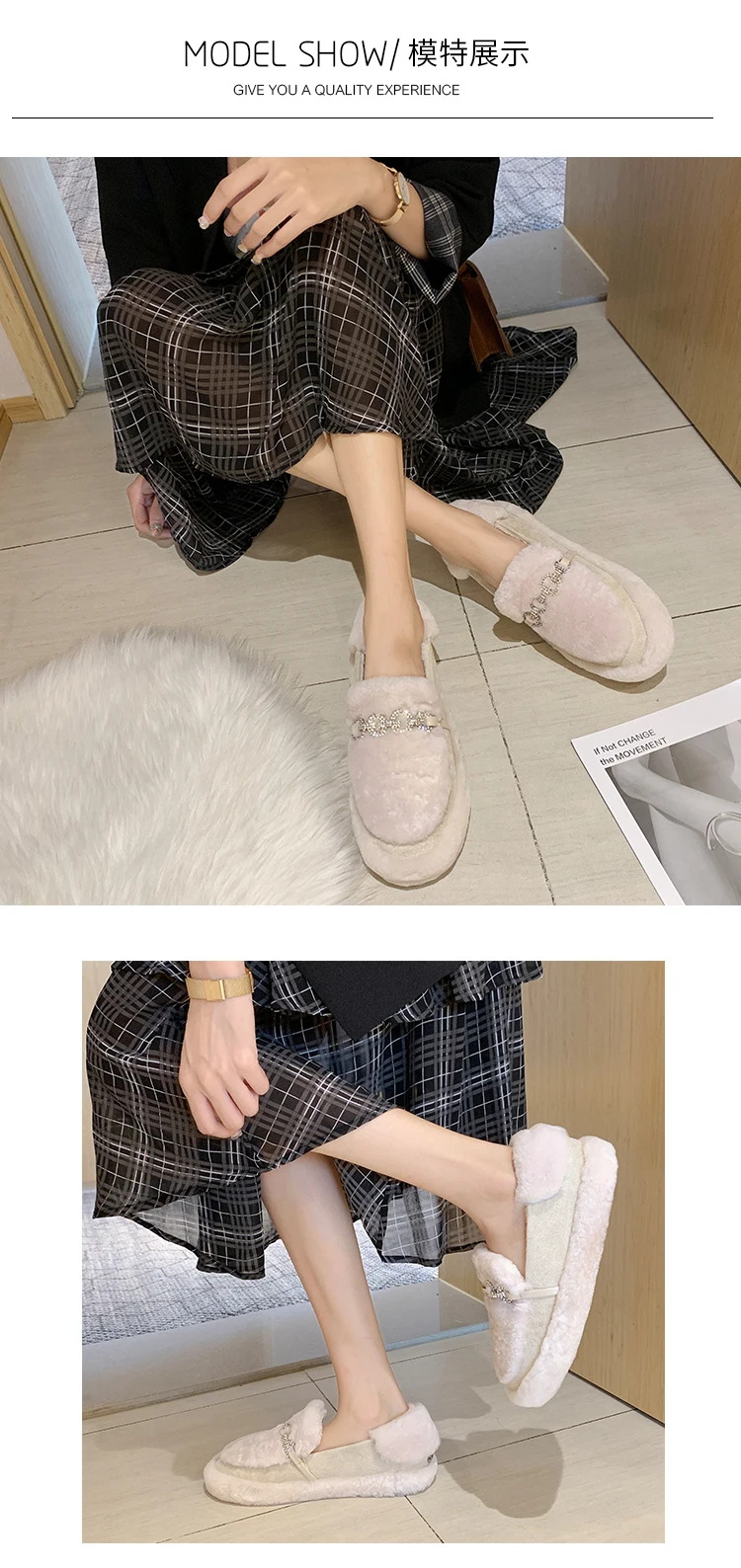 winter warm women cotton shoes creeper bottom anti-skid fur slip-on loafers rhinestone metal chain lazy outside casual moccasins