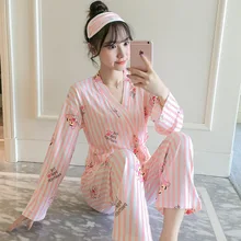 Стиль Весна и осень японский стиль кимоно пижамы женские осенние с длинным рукавом Qmilch Домашняя одежда комплект Розовая пантера отправить глаз P