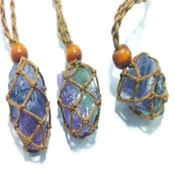 

1Pcs Natural Irregular Fluorite Pendant Original Stone Retro Braided Woven Pendant Necklace Sweater Chain Pendant Size 25-30mm