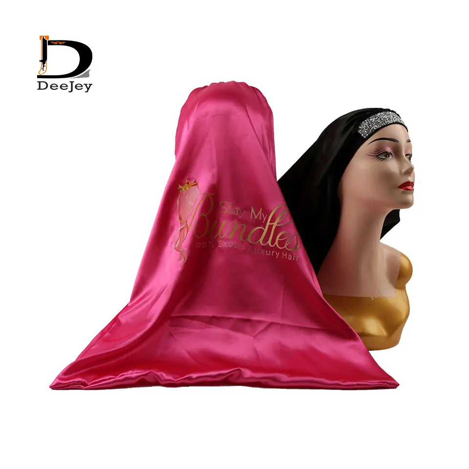 

logo printed long satin bonnet with elastic banding rhinestone frontal decor adult size sleeping cap for braids hair