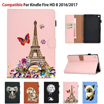 

Case Funda For Amazon Kindle Fire HD8 HD 8 2017 2016 7th 6th Generation Cover Cartoon Cat Print Tablet Stand Skin Shell Capa