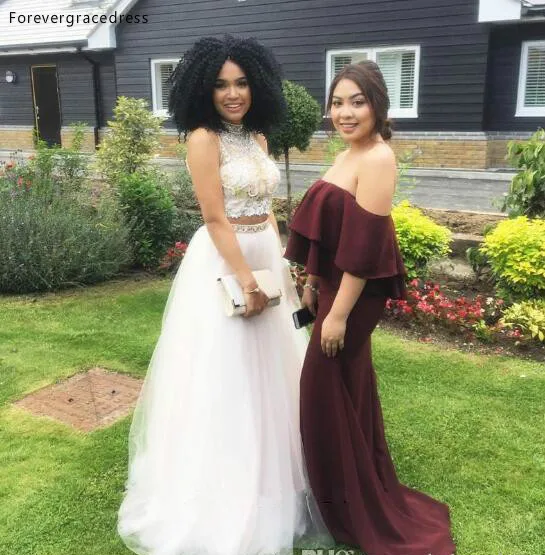 2k17 New Two Pieces Prom Dresses High Neck Lace Beaded Backless Crystals Tulle A-line Evening Party Gowns  128 (4)