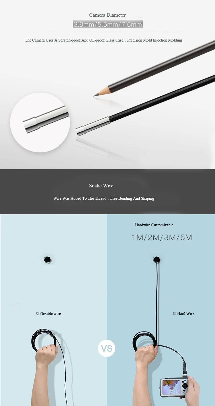 TESLONG NTS150 3,3 мм 5,5 мм 7,6 мм объектив 1 м/2 м/3 м/5 М камера со змеиной трубкой HD эндоскоп 3,5 дюймов ЖК-дисплей 6 светодиодов встроенный литий-ионный аккумулятор