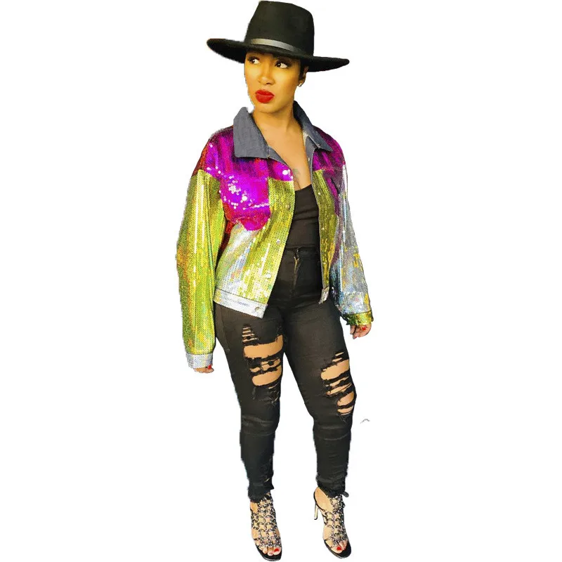 

Womens Designer Sequins Jackets Womens Jeans Panelled Coat Casual Women Autumn Loose Outerwear