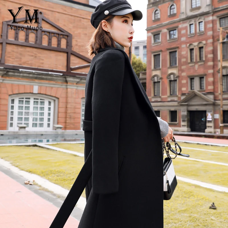 YuooMuoo элегантное шерстяное пальто с поясом и отложным воротником для женщин элегантное осенне-зимнее длинное черное пальто размера плюс casacos