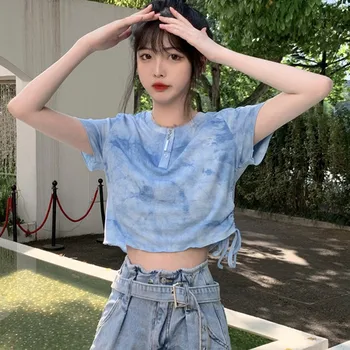 

Women's Tie Dye Short T-shirt For Summer Solid Color O Neck женские футболки одежда для женская شحن مجاني