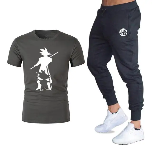 Мужской спортивный комплект, хлопковая спортивная одежда с принтом, Мужская футболка, летняя брендовая спортивная одежда - Цвет: Dark grey