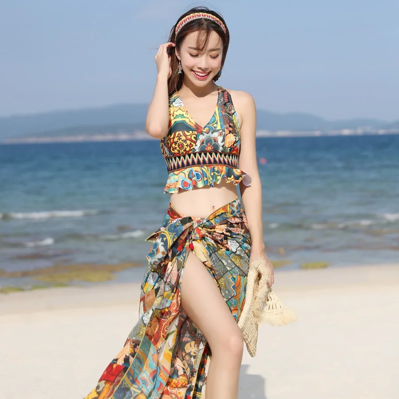 

Ins2019 New Style Bathing Suit Women's Three-piece Set South Korea Hot Springs Graceful Split Type Swimwear Small Bust Gathering