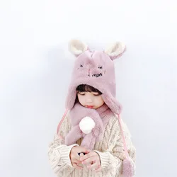 Winter New Children Cartoon Mimi Rabbit Hat Scarf Two Piece Set Baby Cute Plush Warm Ear Protection Cap Cold