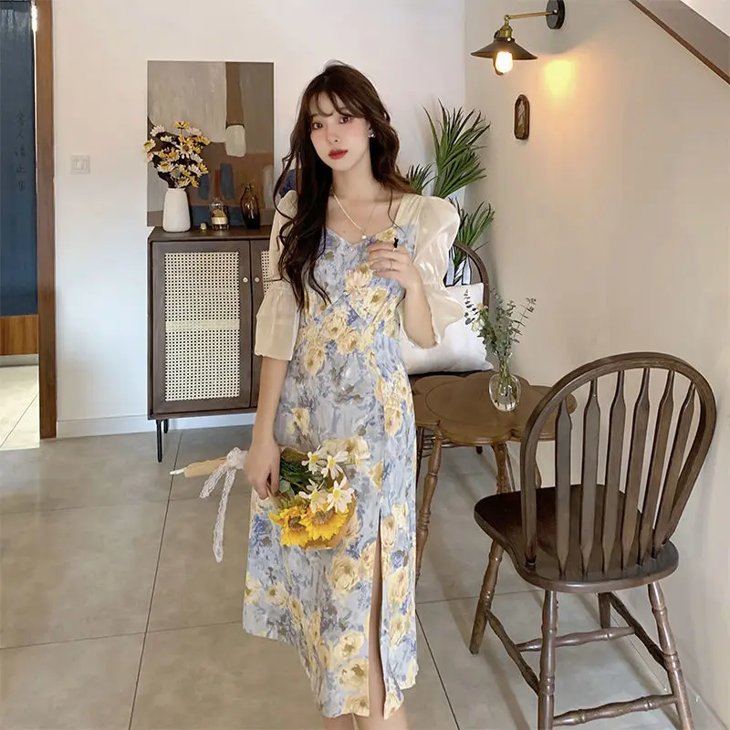 Dresses Women Spliced Romantic Printed Korean Style Elegant Empire Side-slit Feminine Trendy Vestdios Sweet Female Puff Sleeve zara dresses