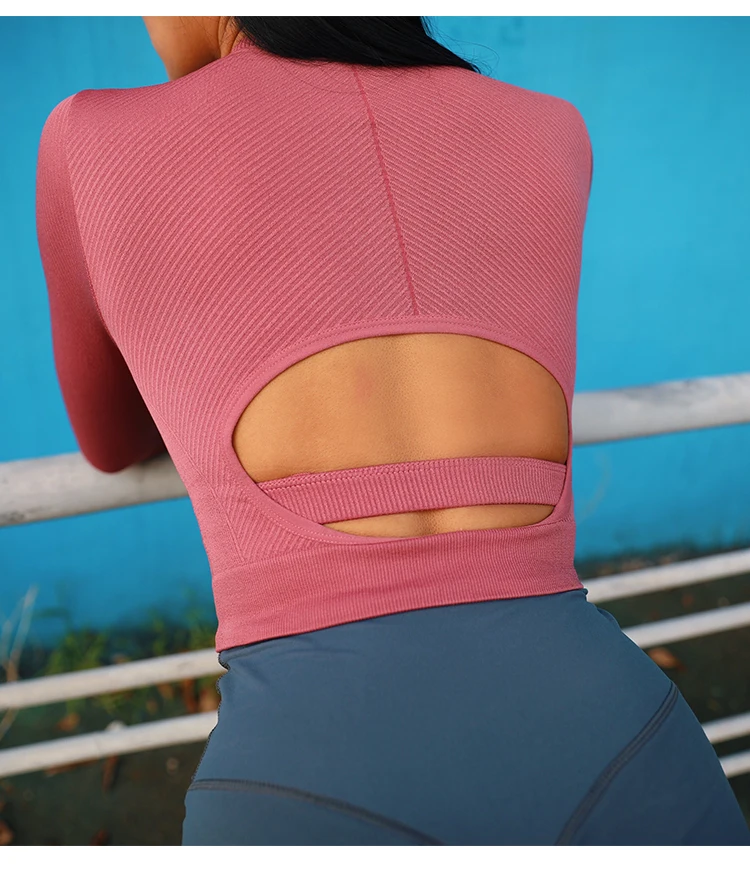 CretKoav Yoga Shirts Women Sexy Back Dig Hole Training Quick-Drying Running Fitness Long Sleeve T shirts Crop Top With Chest Pad
