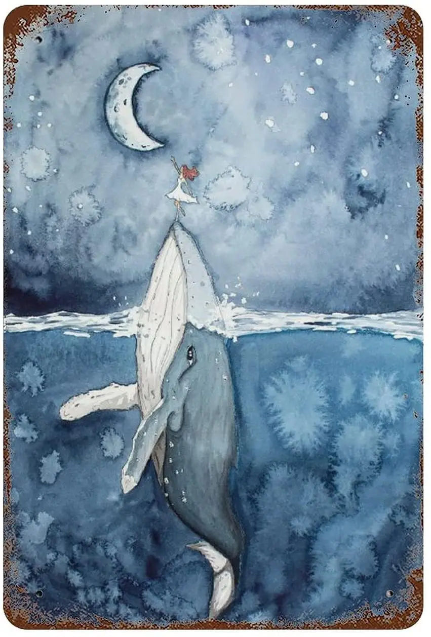 

Graman Anique Tin Sign Humpback Whale Print Moon Print Sea Wall Decor Whale Art Whale Nursery Girl Decor Funny Tin Sign Decor