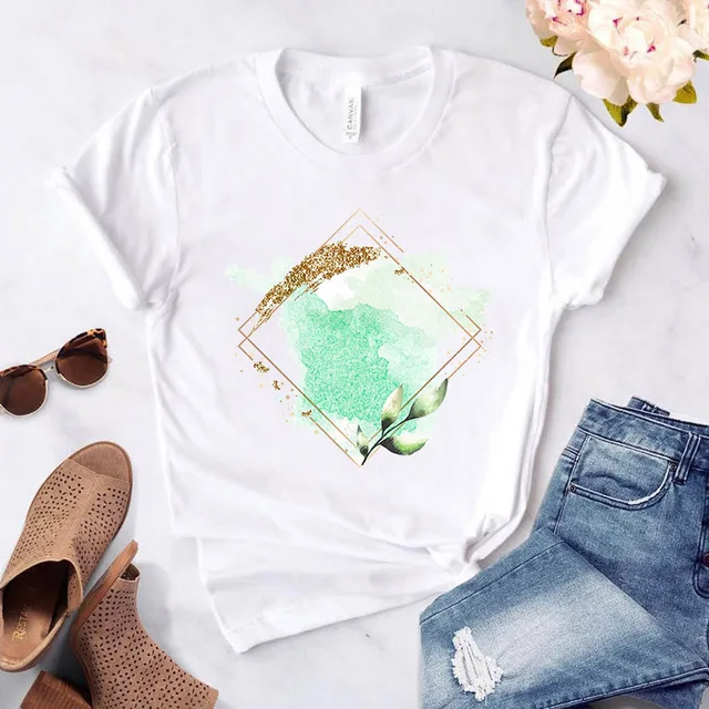 Heart flower print ladies T-shirt ladies casual basis O-collar white shirt short sleeve ladies T-shirt love graphic printing 33265