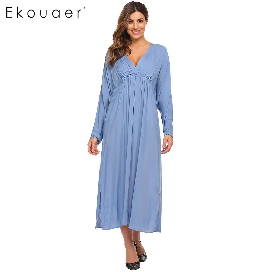 Ekouaer Women Maxi Dress Deep V Neck Bawting Sleeve Solid Elastic Waist