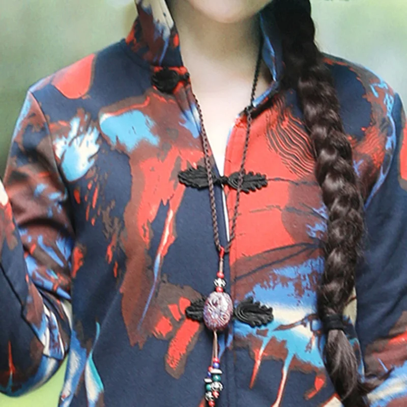 Vintage Winter Jacket Women Printed Cotton Linen Long Coat Women Stand Collar Long Sleeve Buttons Pocket Parka Ethnic Outerwear
