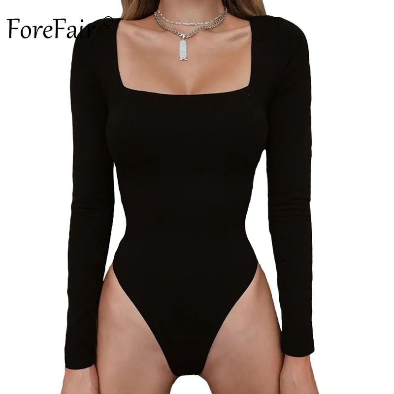 Forefair, длинный рукав, сексуальный боди для женщин, зима, базовые Топы, квадратный вырез, тонкий, черный, белый, желтый, однотонный, бодикон, боди - Цвет: Black Bodysuit