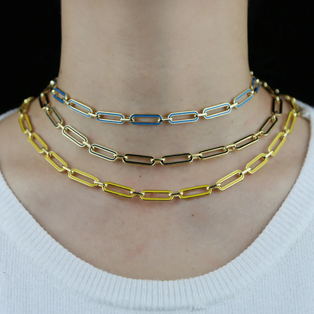 Neon Enamel Colorful Women Summer Jewelry Gold Color Rectangle Link Chain Choker Necklace