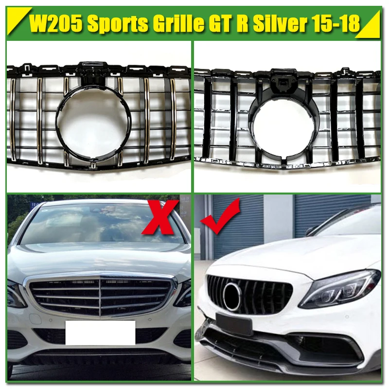 W205 GTS Стиль передняя капот Гриль решетка без знака для Mercedes C Класс C180 C200 C250 ABS серебро W/камера Передние решетки-18