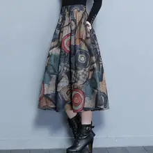 Зимняя Макси шерстяная юбка Женская Ретро толстая Высокая талия длинная юбка Faldas большие качели Плиссированные принты шерстяные юбки для женщин DF936