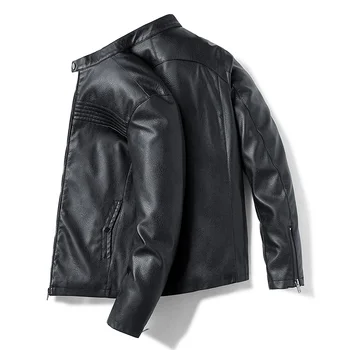 

Woodvoice New Mens PU Leather Jacket Slim Fit Casual Coat Male Fashion Outerwear Biker Menswear Faux Leather Jacket Plus Velvet