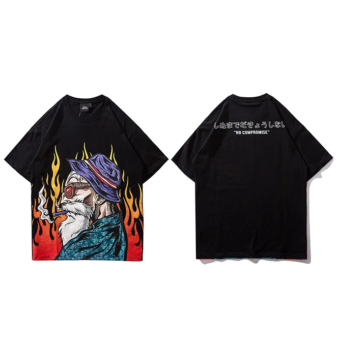 Лето, футболка, уличная одежда, Harajuku, футболка с японским старым человеком, хип-хоп, футболка в японском стиле, Мультяшные хип-хоп топы, футболки из хлопка - Цвет: A701909 Black