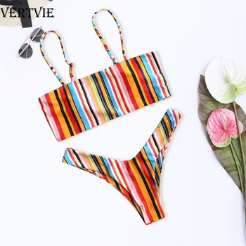 

VERTVIE Sexy Women Two-Piece Beach Swimwear Girl Bikini Sets Push-ups Padded Bra Vertical Stripes Quick-drying Swim Bathing Suit