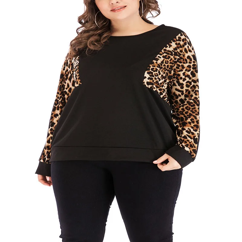 Autumn T-shirt women's large size 5XL- XL9 bust 138CM sweater round neck pullover shirt leopard long-sleeved stitching