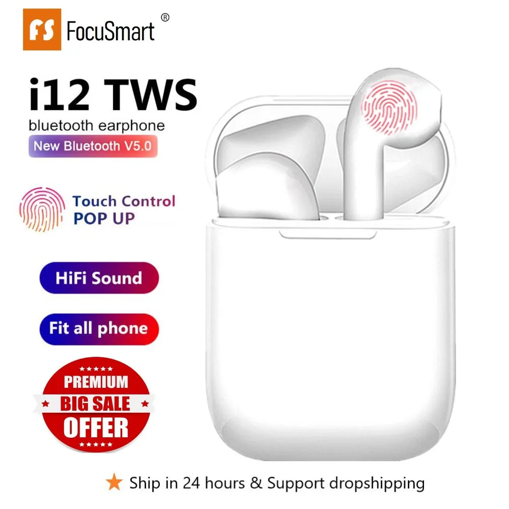 

FocuSmart Original i12 TWS Wireless Headset Bluetooth 5.0 Touch Earphones Stereo For iPhone Xiaomi Huawei Samsung Android Phone