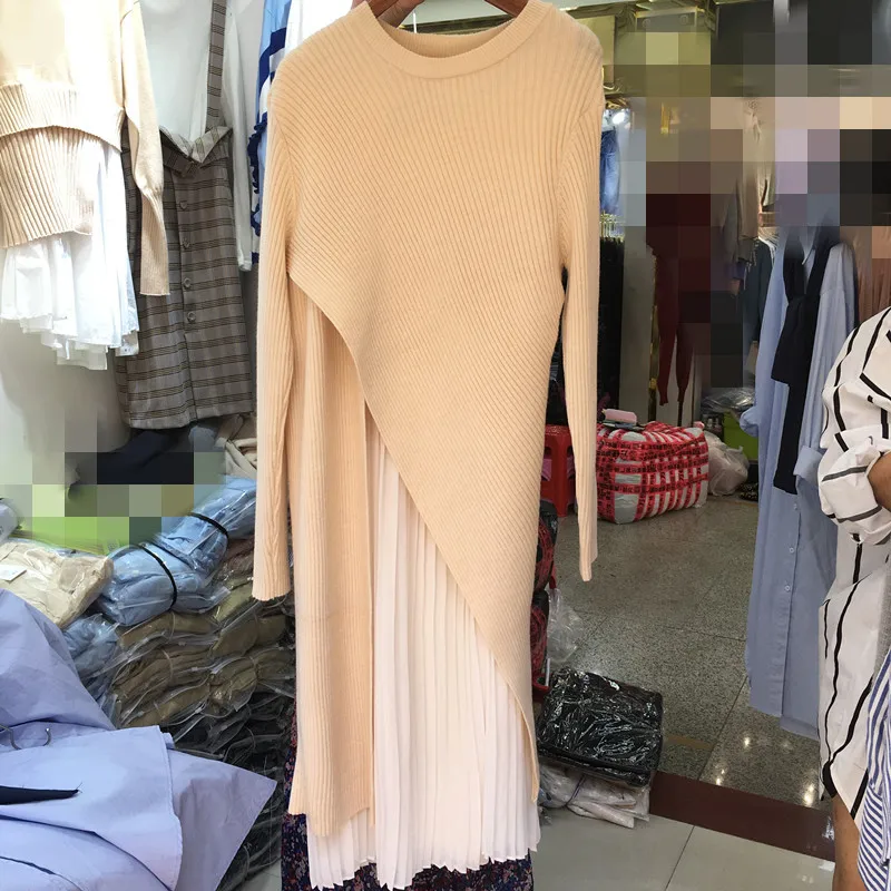Autumn New Style Korean-style Solid Color Elegant Crew Neck Long Sleeve Irregular Sweater Pleated Dress Two-Piece Set