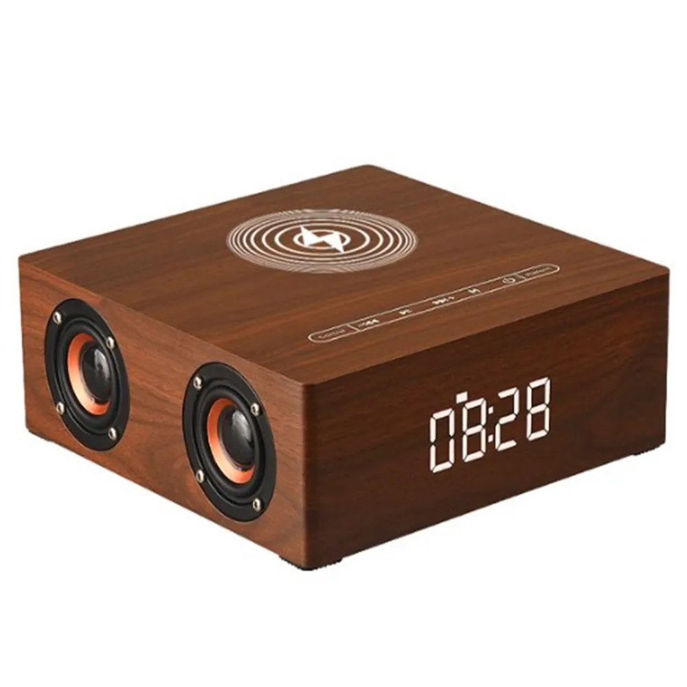 

2 In 1 Wireless Charger Audio Speaker Wood Bluetooth Subwoofer Sound System Music Column Sounb Box Active Speaker Clock Boombox