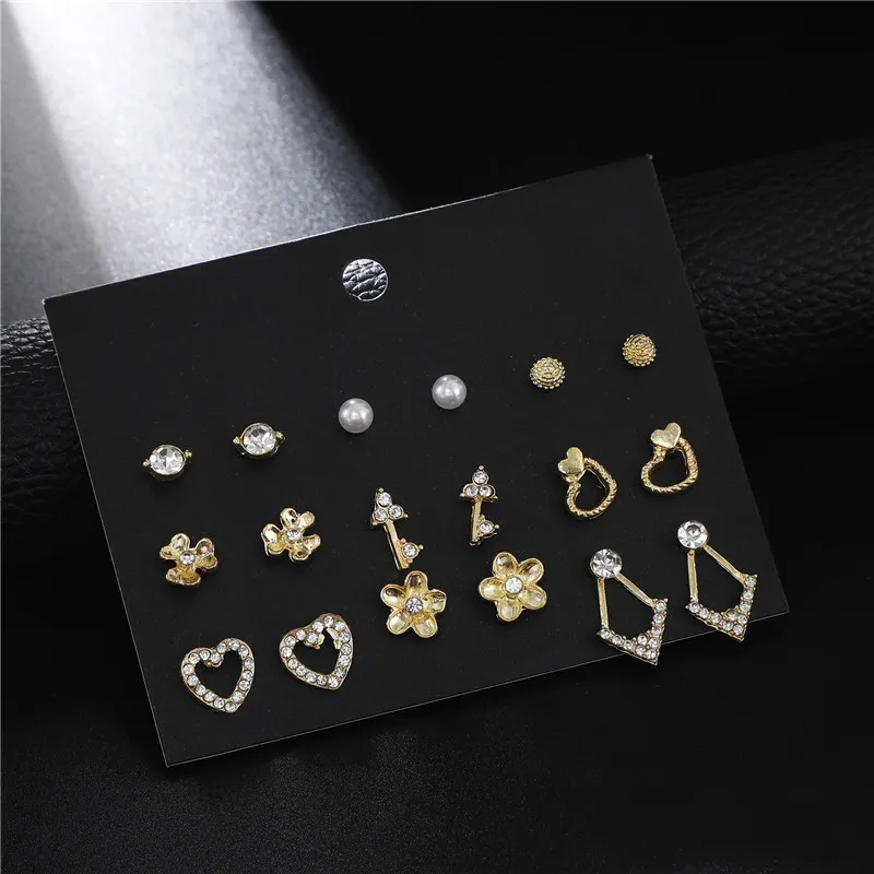 

Fashion 9Pair/Set Women Mixed Crystal Heart Key Flowers Stud Earrings Sets For Women Piercing Stud Earrings Set Gift Jewelry