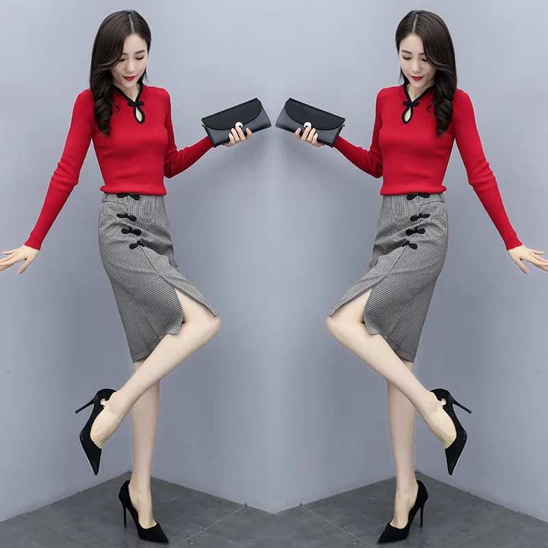 

Improved Cheongsam Women's 2020 New Style Spring Clothing Retro Chinese-style Red Sweater Feminine of Half-length Skirt