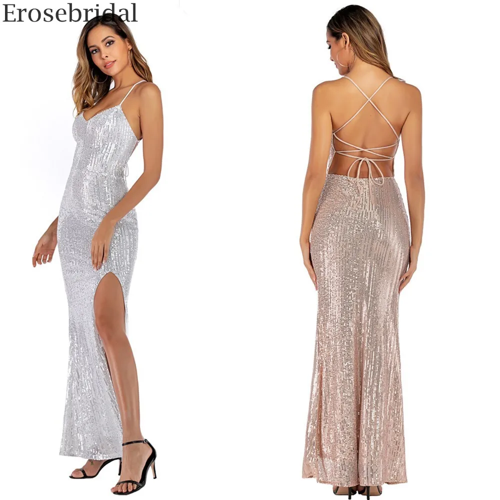

Erosebridal Long Elegant Evening Dress Party Gown Sexy Open Back Occasion Dresses for Women White/Gold Colors Simple Style