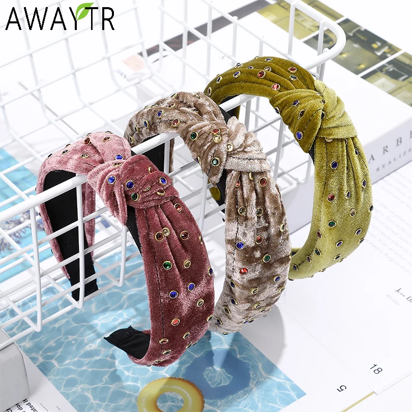 AWAYTR, Женская разноцветная повязка на голову с кристаллами, бархатная модная эластичная повязка на голову с перекрестным узлом, обруч на голову, резинки для волос, аксессуары для волос