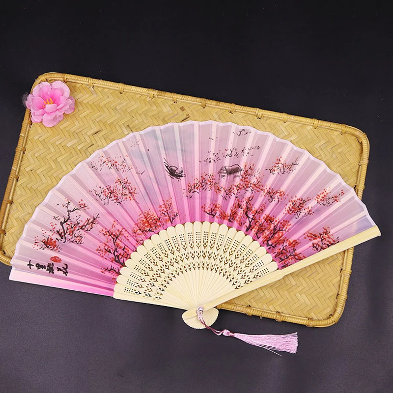 Hand Fold Fan Vintage Style Bamboo Wood Silk Flower Japanese Chinese Artificial Pink Party Wedding Girl Man Dance Decorate Home