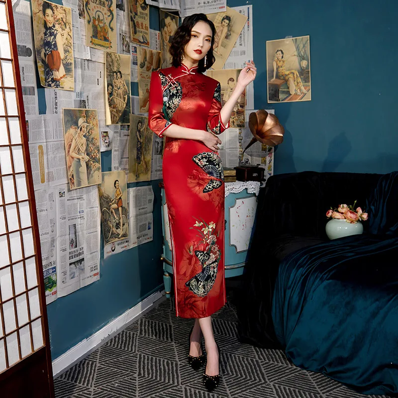 Новые женские Qipao воротник мандарина ручной работы Кнопка Cheongsam Новинка китайский формальный печати платье Плюс Размер S M L XL XXL XXXL 4XL