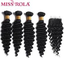 Miss Rola волосы глубокая волна перуанские пучки волос с закрытием человеческие волосы натуральные черные 4 пучка с 4*4 закрытием не Реми
