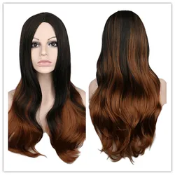 SuQ Women's Long Wig Hair Synthetic Natural Cosplay Party Long Wavy Ombre Brown with Black Heat Resistant Daily Fashion Wigs