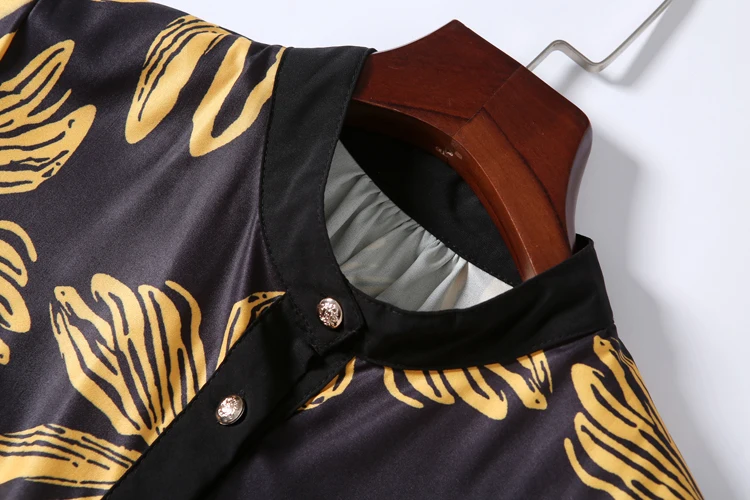 H Han Queen New Printed Pleated Dress Women Work Party Slim Sexy Casual Dresses O-neck A-line Vintage Office Vestidos